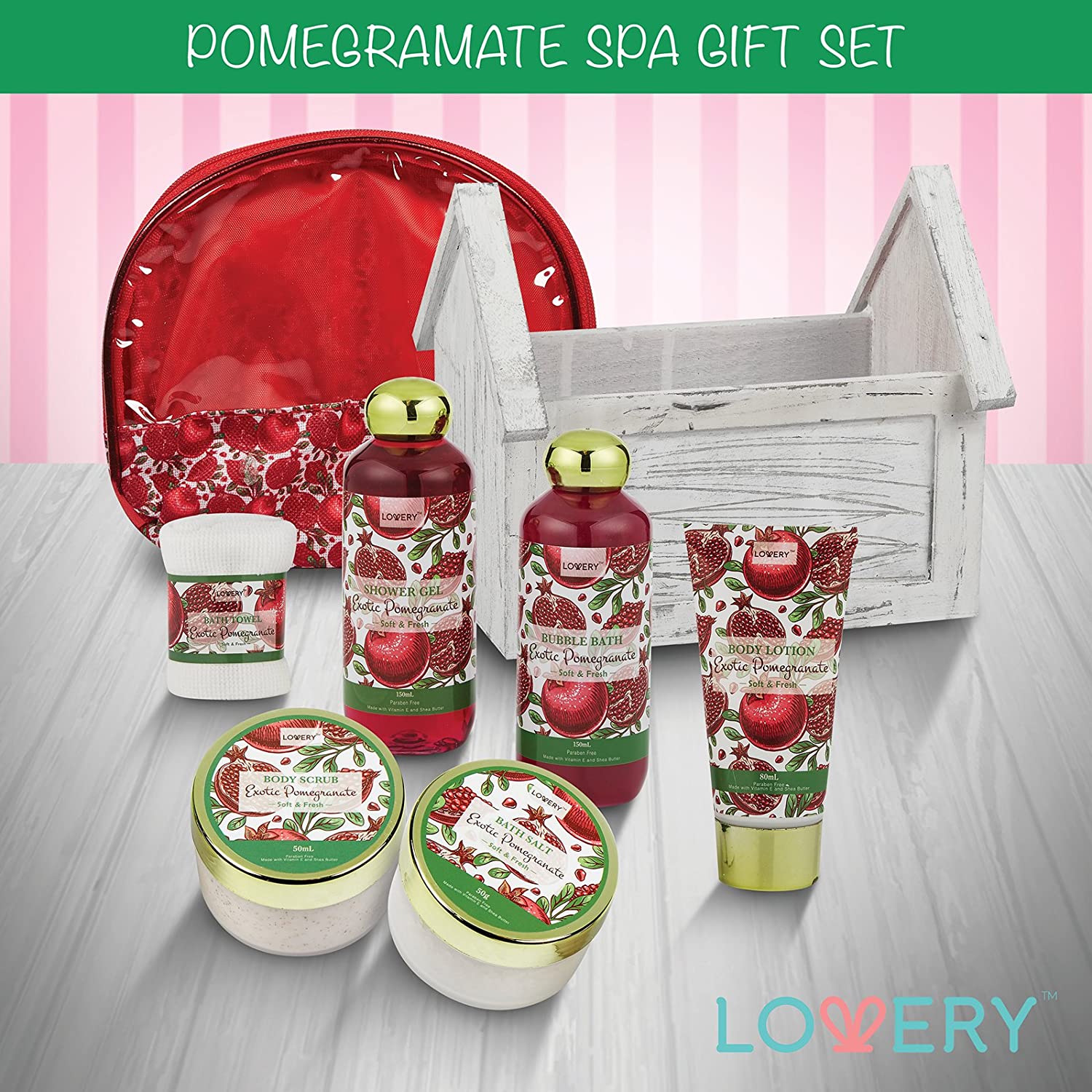 Lovery bath gift set, bath gift set, Exotic Pomegranate bath set, Spa gift, Fruity notes, Luxurious spa, Paraben-free, Pamper body, Sultry fragrance, Rejuvenate mind, Baby-soft skin, Bath accessories