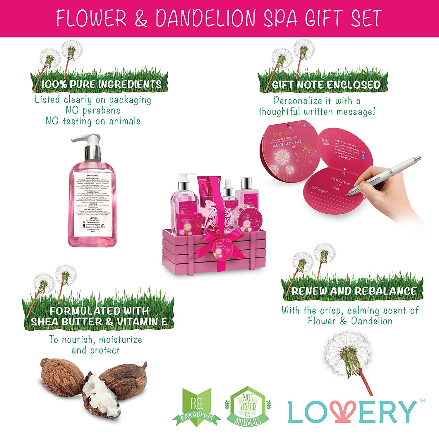 Lovery Flower and Dandelion Body Care Set, Flower Gift Set, Dandelion Gift Set, Spa Relaxing Gift, Spa Treatment, Body Cosmetics, All Natural, Vitamin E, Shea Butter, Self-Care Package, Hydrating Skin Care, Perfect Gift, Spa Set 