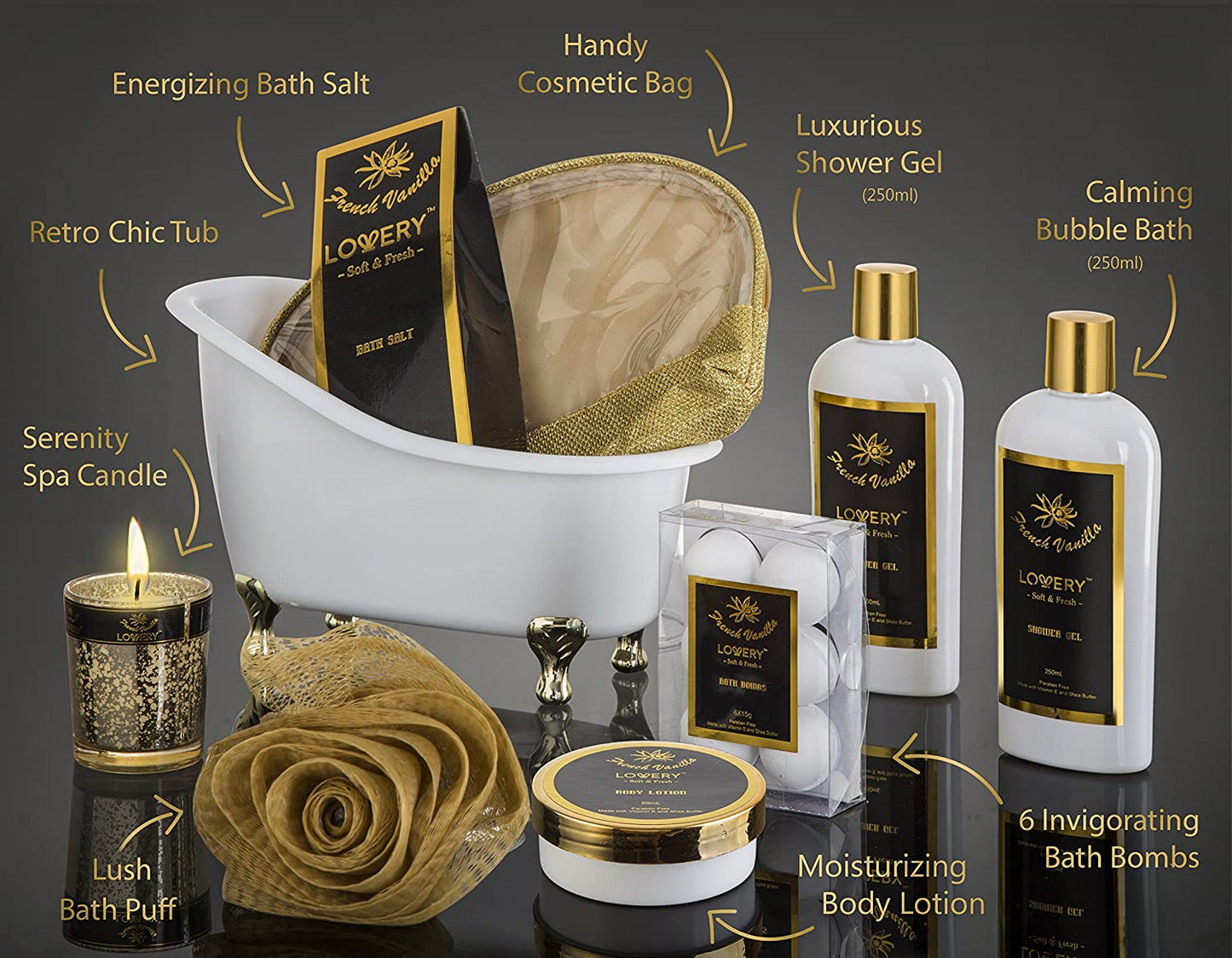 Lovery French Vanilla bath gift set, elegantly packaged body care essentials, Luxurious Black & Gold Design, Soft & Fresh Aroma Products, Premium Bath Bombs and Body Lotion, Decorative Gold Ribbon Detailing, Exquisite Bathing Experience Enhancer, Ideal for Spa-Like Relaxation, Paraben-Free Bath Essentials, Cruelty-Free Body Care Selection, Presented in a Sophisticated White Tub with Gold Accents