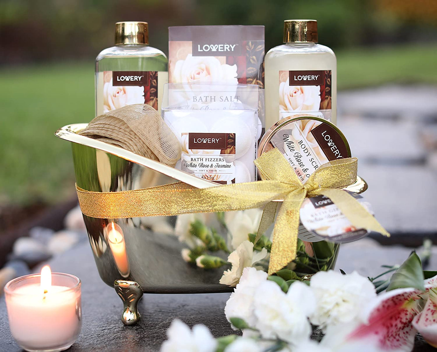 Lovery White Rose & Jasmine Set, White Rose & Jasmine Gift Set, White Rose & Jasmine Bath and Body Gift Basket, Bath & Body Kit, Bath and Body Cosmetics, All Natural, Vitamin E, Shea Butter, Self-Care Package, Hydrating Skin Care, Gift Bath Set, Perfect Gift, Spa Set 