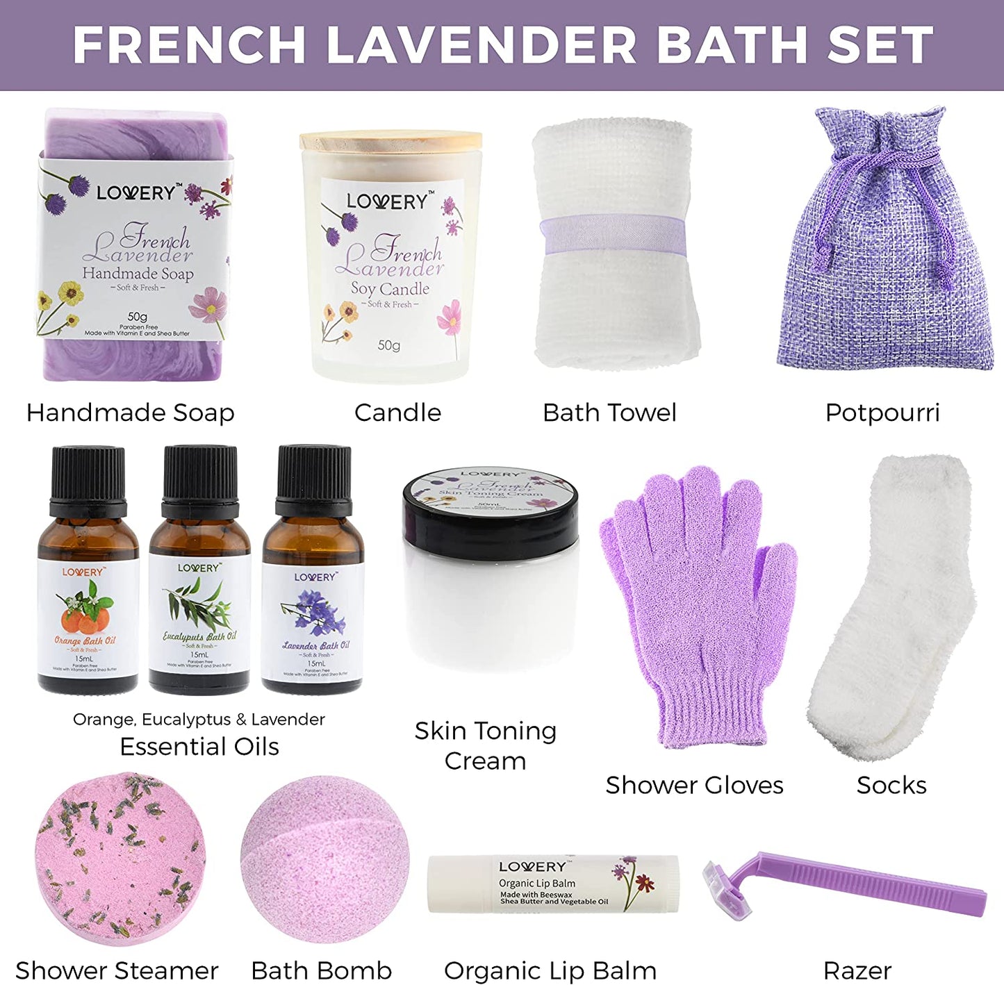 French Lavender Relaxation Gift - 18Pc Home Bath and Spa Kit