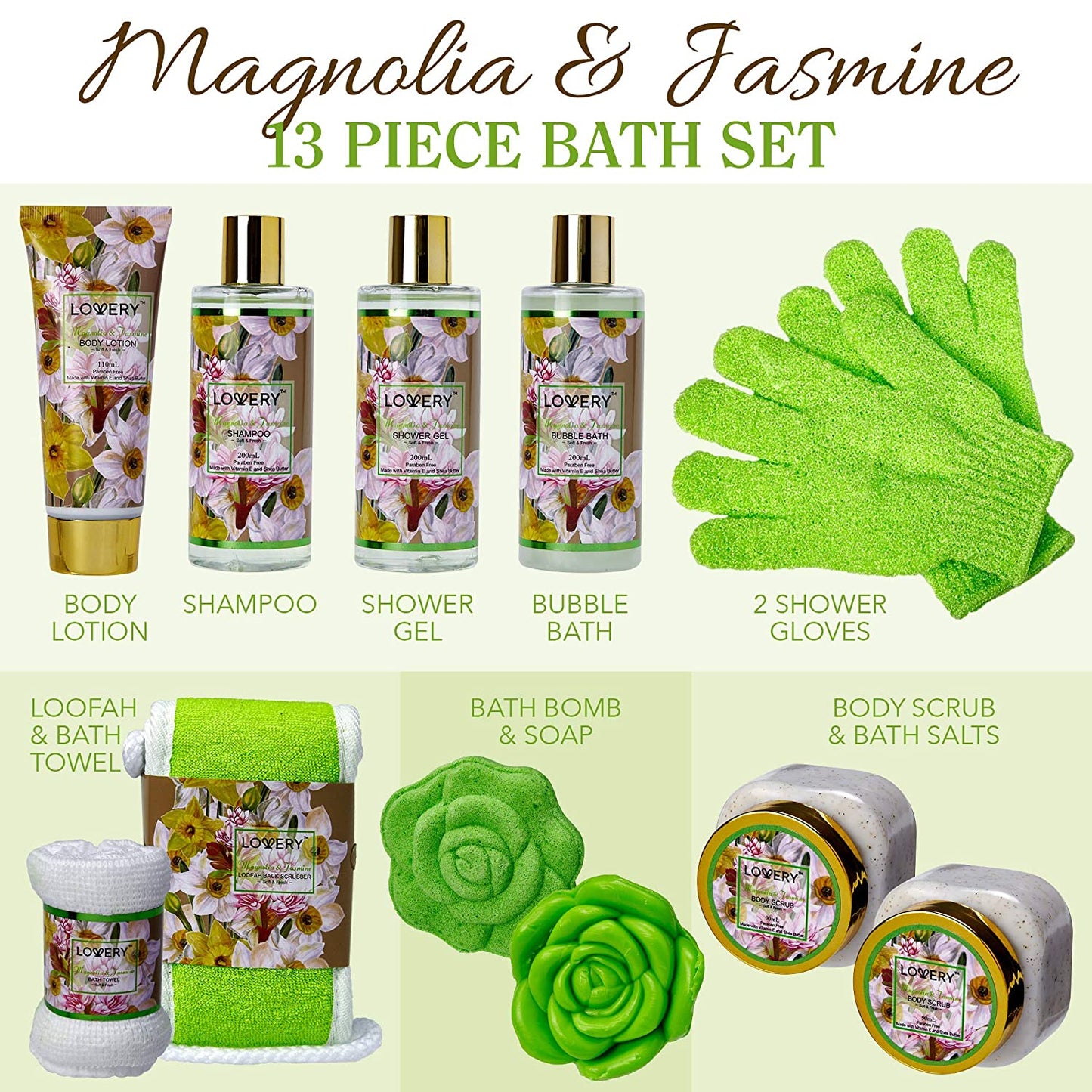 Magnolia and Jasmine Home Bath Set - 13Pc Body Care Spa Kit