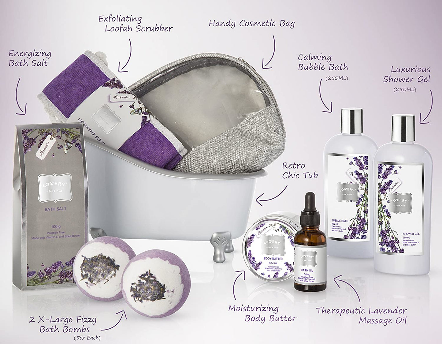 Lavender Home Spa Bath Set - 9Pc Body Care Kit