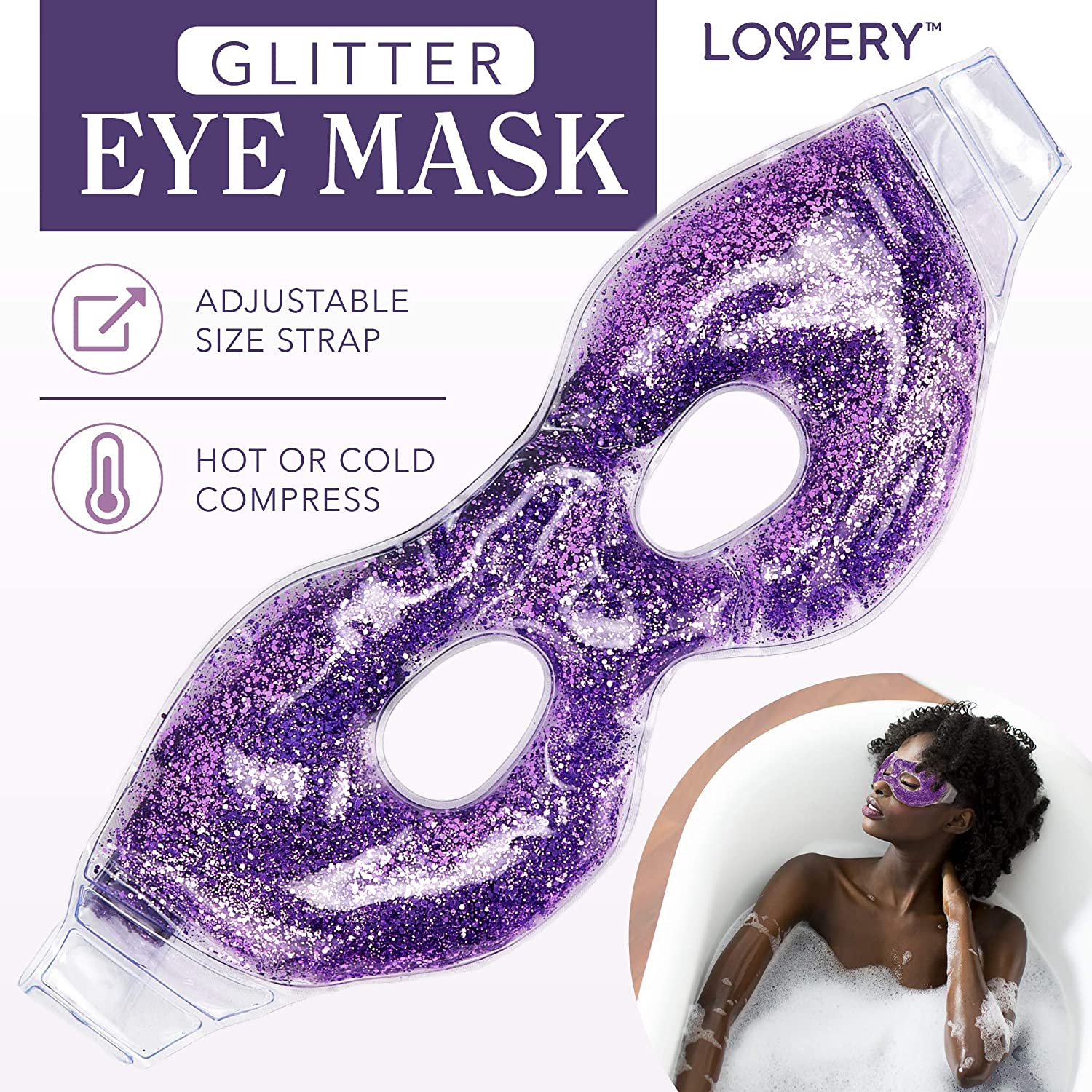 Lovery Glitter Eye Mask, elegantly designed relaxation accessory in sparkling purple, Luxurious Purple & Silver Design, Soft & Fresh Lavender Aroma, Adjustable Size Strap for tailored comfort, Hot or Cold Compress feature for therapeutic use, Decorative Glitter Detailing for a touch of luxury, Essential for a Tranquil Spa-Like Experience, Paraben-Free and Safe for Skin, Cruelty-Free Relaxation Product, Showcased with a serene image of a woman illustrating its calming effects