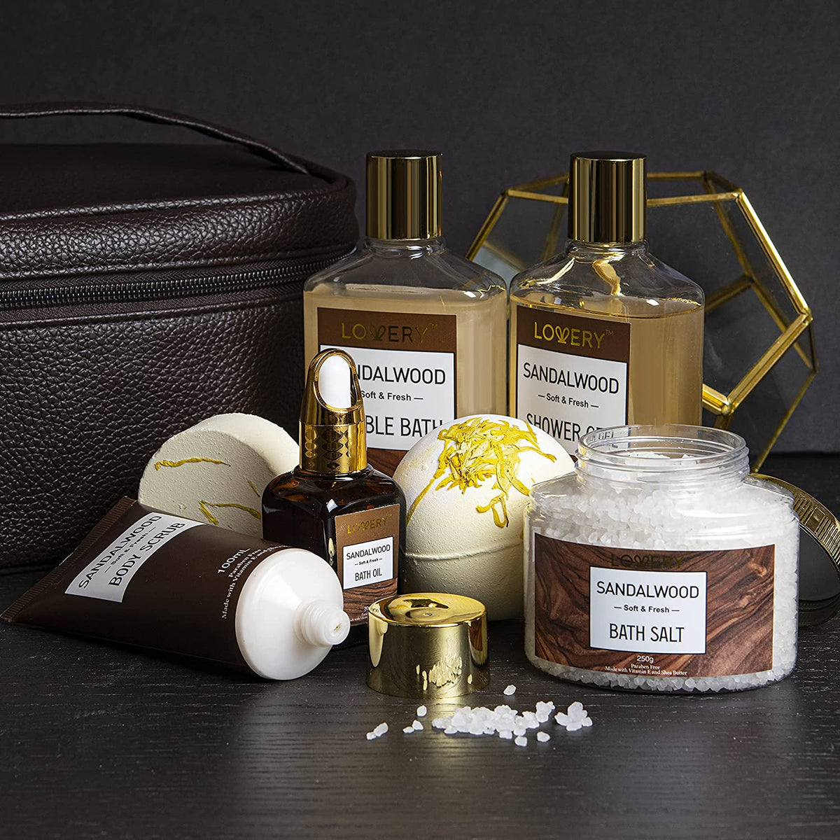 Lovery Gifts for Him, Sandalwood Bath Gift Set, Personal Self Care Spa Kit, Relaxing Man Gift Basket for Dad, Shower Gel, Bubble Bath, Body Oil, Bath