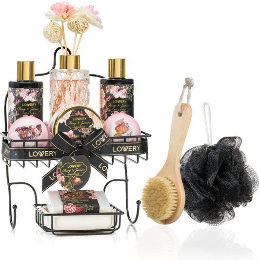 Peony and Jasmine Spa Bath and Body Set - Includes Diffuser and Shower Caddy - Lovery