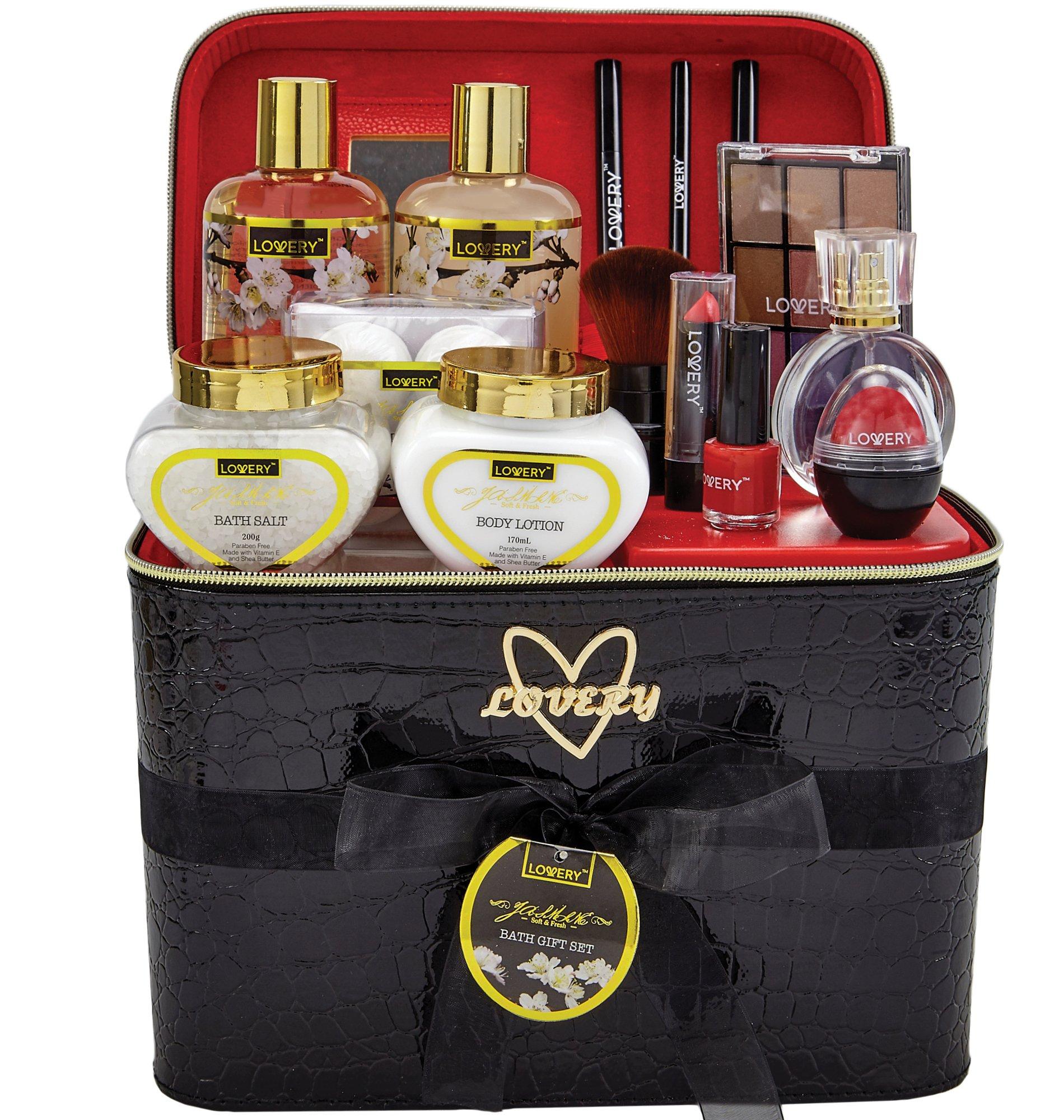 Jasmine Bath and Body Gift Set with Makeup and Black Leather Cosmetic Bag - Lovery
