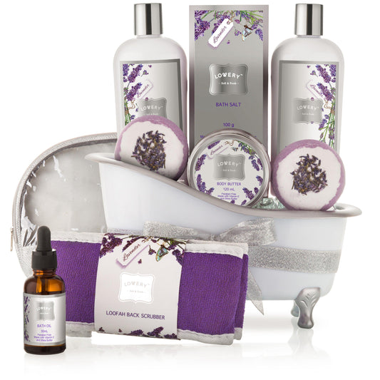 Lovery bath gift set, bath gift set, Lavender & Jasmine Spa Set, Luxury Body Care Collection, Exquisite Bath Aromas, Soothing Fragrance Essentials, 9-Piece Spa Gift, Travel-Size Spa Kit, Lavender & Jasmine Beauty, Silver Display Bathtub Gift, Paraben-Free Spa Essentials, Cruelty-Free Spa Care