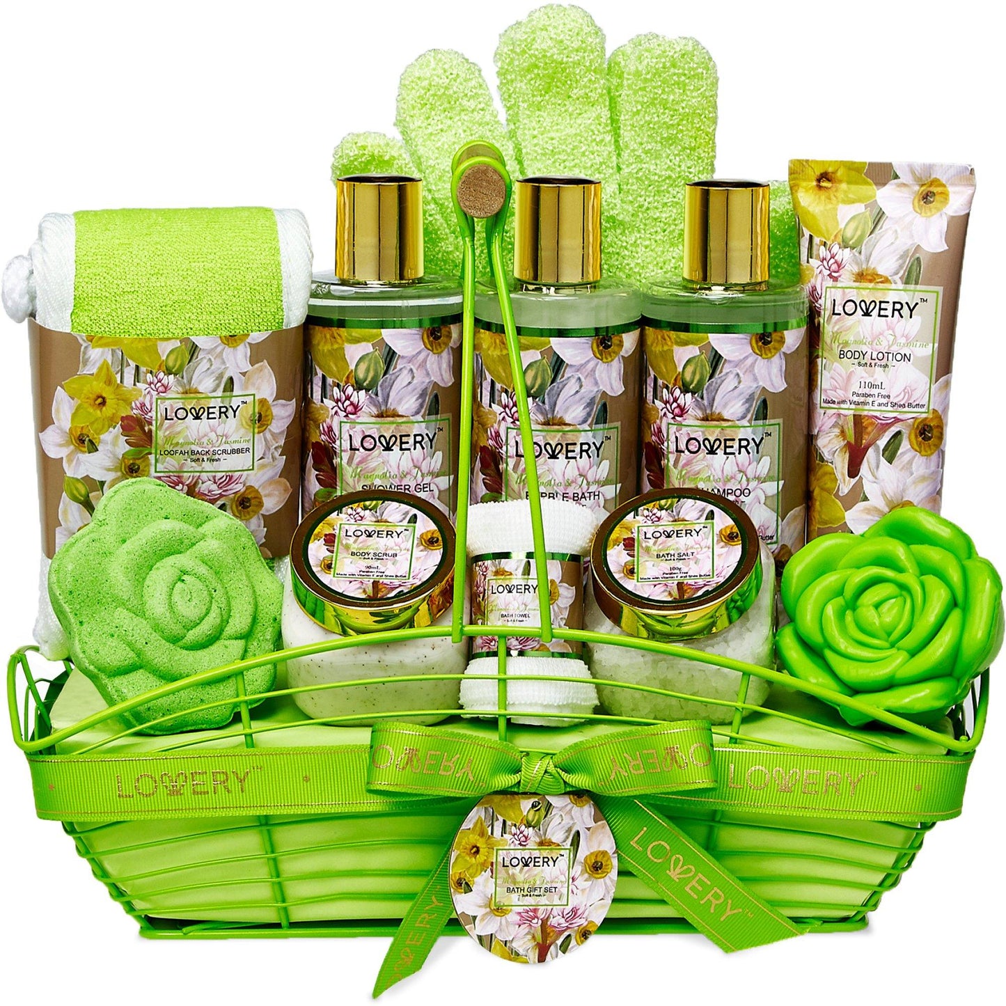Magnolia and Jasmine Deluxe Spa Bath and Body Set with Shower Gloves - Lovery