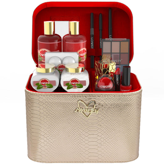 Pink Grapefruit Bath and Body Gift Set with Makeup and Rose Gold Leather Cosmetic Bag - Lovery