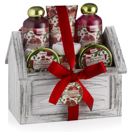 Exotic Pomegranate Fragrance Spa Bath and Body Gift Set in a Wood Holder - Lovery