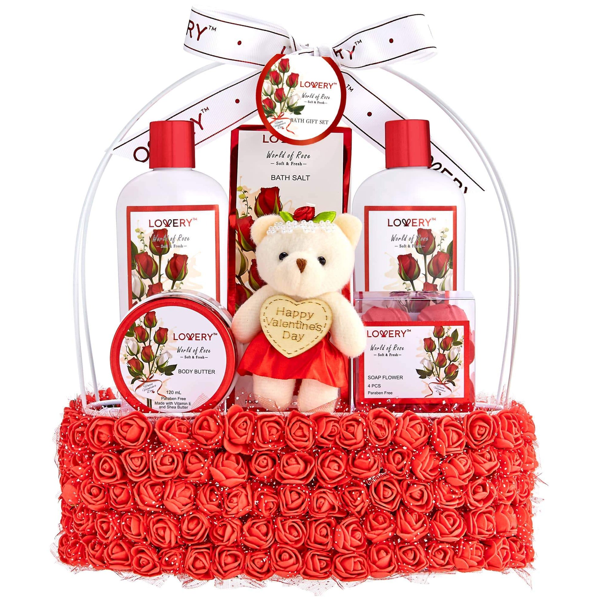 Lovery Spa Gift Basket for Women Red Rose Scented in Floral Handmade Basket With Bubble Bath, Body Butter, Salts, Shower Gel, Flower Lovery Spa Gift Basket for Women Red Rose Scented in Floral Handmade Basket With Bubble Bath, Body Butter, Salts, Shower Gel, Flower