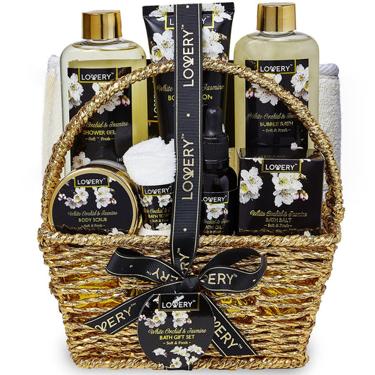 White Orchid Spa Bath and Body Set in Gold Basket - Lovery
