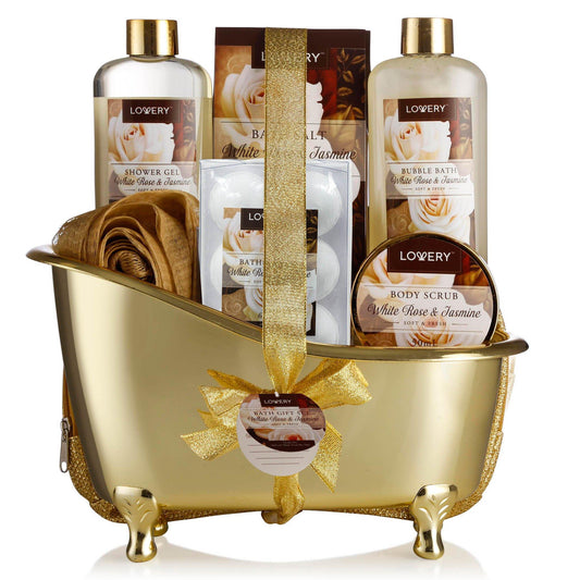 Lovery White Rose & Jasmine Set, White Rose & Jasmine Gift Set, White Rose & Jasmine Bath and Body Gift Basket, Bath & Body Kit, Bath and Body Cosmetics, All Natural, Vitamin E, Shea Butter, Self-Care Package, Hydrating Skin Care, Gift Bath Set, Perfect Gift, Spa Set 